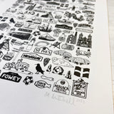 Cornwall illustrated black and white print
