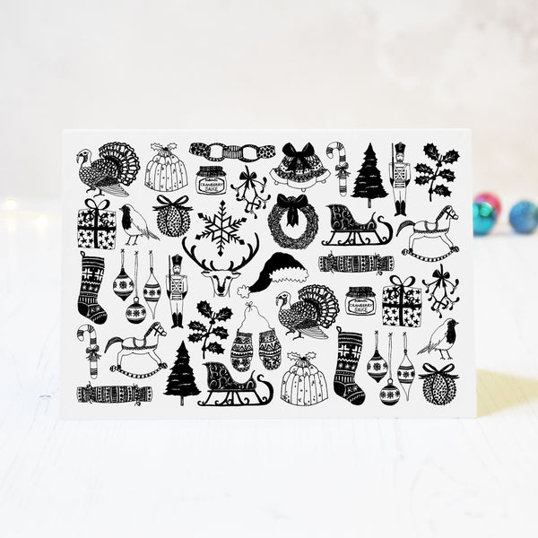 Christmas illustrated black and white blank greeting blank card