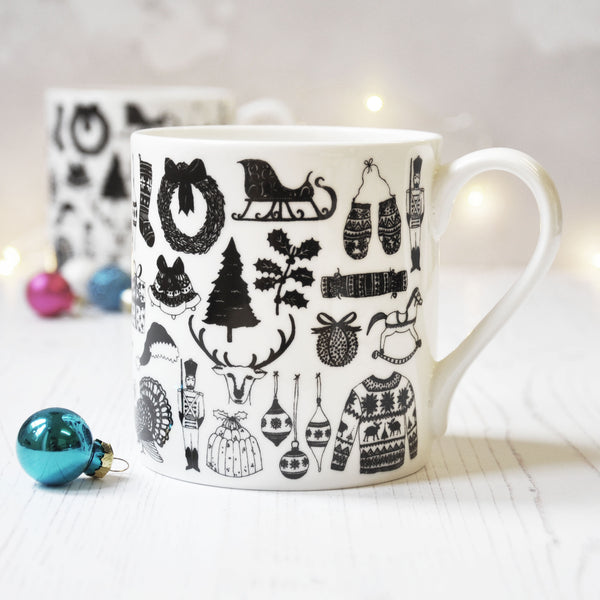 Christmas Illustrated Black And White Mug