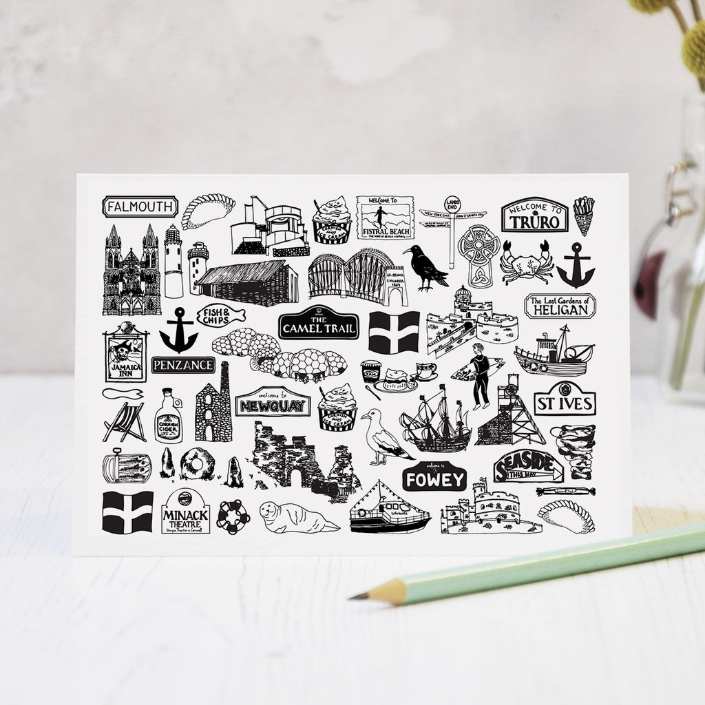 Cornwall illustrated black and white blank greeting blank card