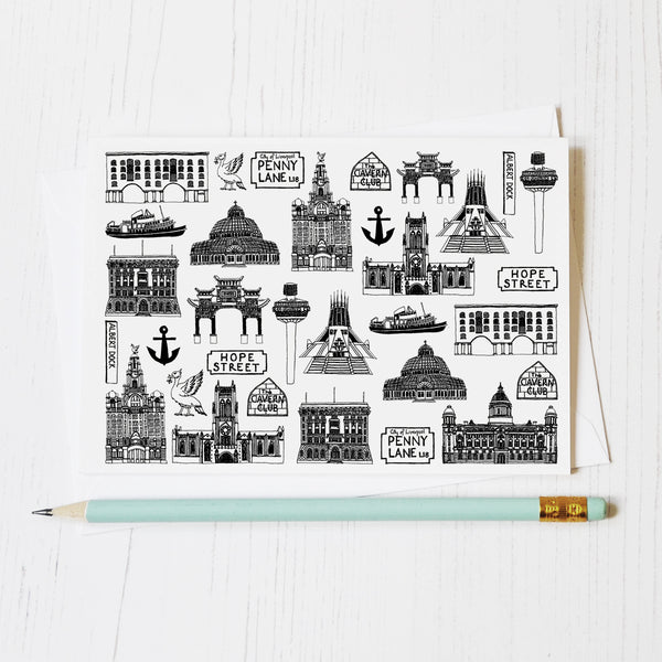 Liverpool illustrated black and white blank greeting blank card