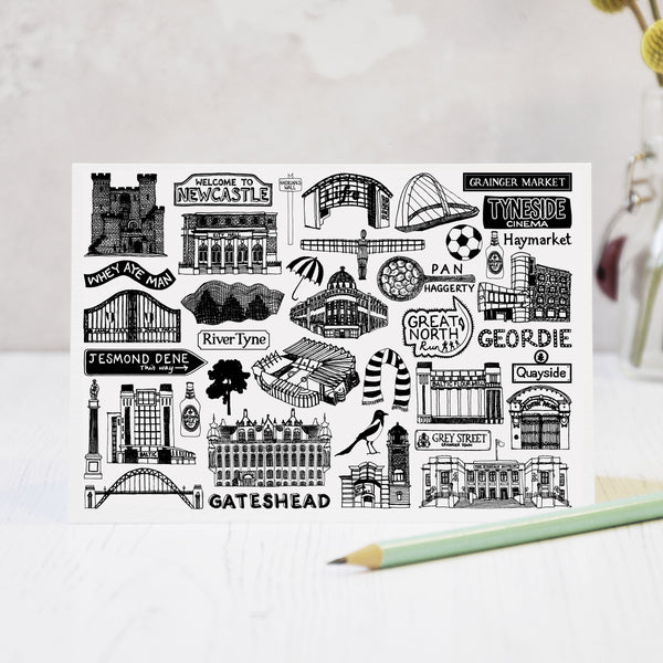 Newcastle black and white illustrated blank greeting card