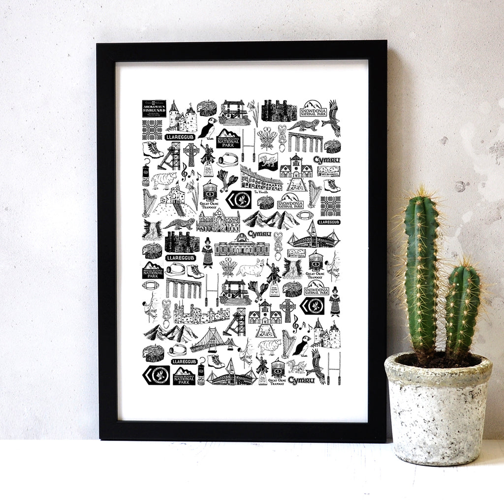 Wales illustrated black and white print