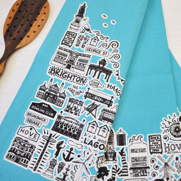 Brighton blue illustrated tea towel