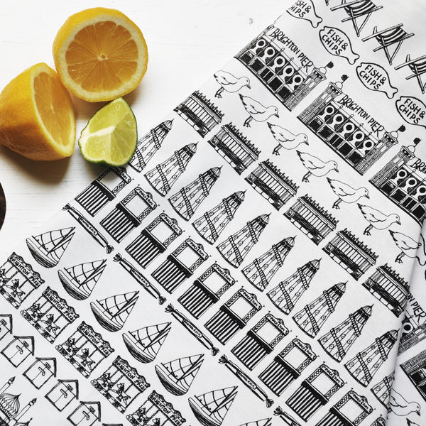 Brighton Row Illustrated Black And White Tea Towel
