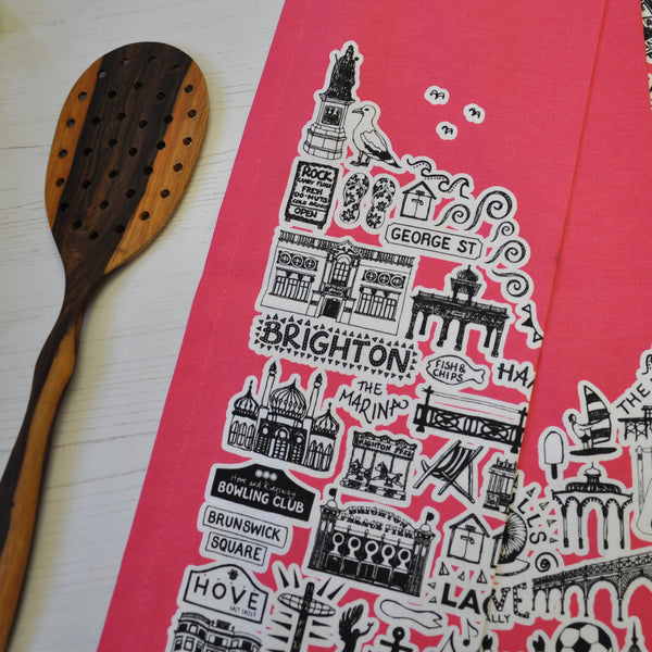 Brighton pink illustrated tea towel